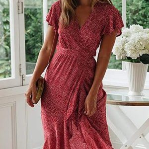 Red Floral Bohemian V-Neck Wrap Maxi Dress Large